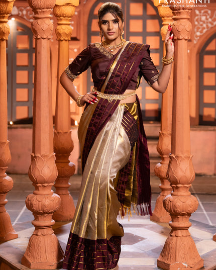 Pure kanchipuram tissue silk saree gold and deep maroon with allover zari woven brocade weaves and muniya butta zari woven border