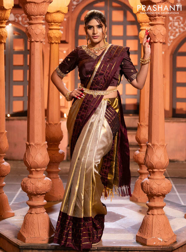 Pure kanchipuram tissue silk saree gold and deep maroon with allover zari woven brocade weaves and muniya butta zari woven border