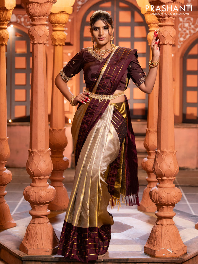 Pure kanchipuram tissue silk saree gold and deep maroon with allover zari woven brocade weaves and muniya butta zari woven border