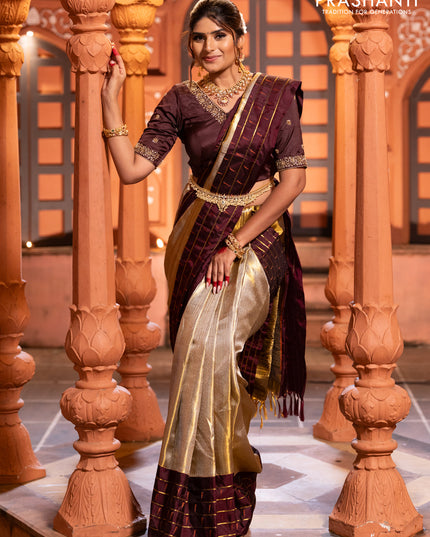Pure kanchipuram tissue silk saree gold and deep maroon with allover zari woven brocade weaves and muniya butta zari woven border