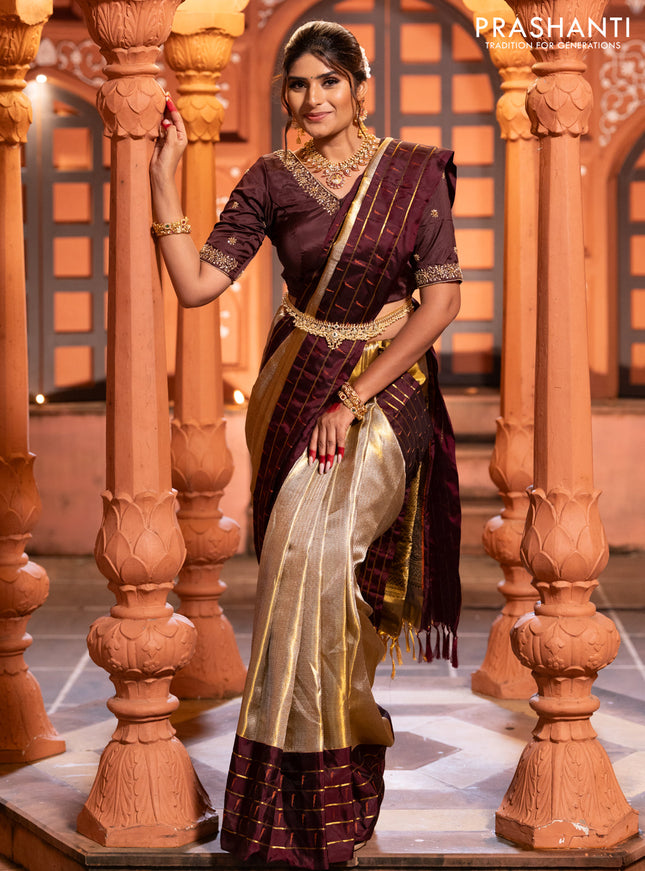 Pure kanchipuram tissue silk saree gold and deep maroon with allover zari woven brocade weaves and muniya butta zari woven border