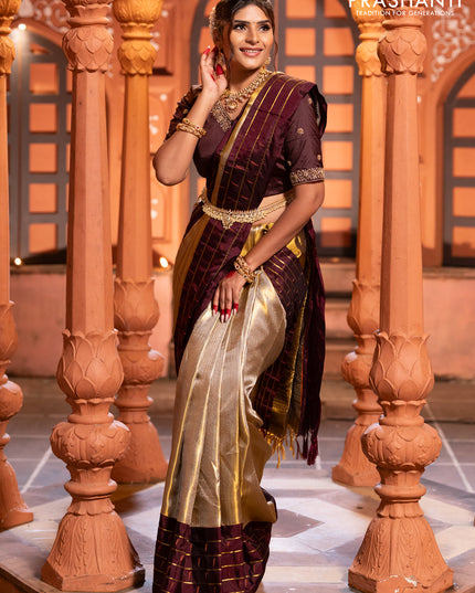 Pure kanchipuram tissue silk saree gold and deep maroon with allover zari woven brocade weaves and muniya butta zari woven border