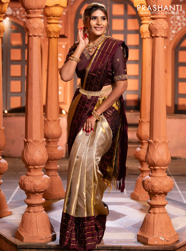 Pure kanchipuram tissue silk saree gold and deep maroon with allover zari woven brocade weaves and muniya butta zari woven border