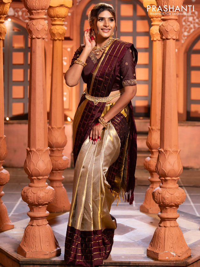 Pure kanchipuram tissue silk saree gold and deep maroon with allover zari woven brocade weaves and muniya butta zari woven border