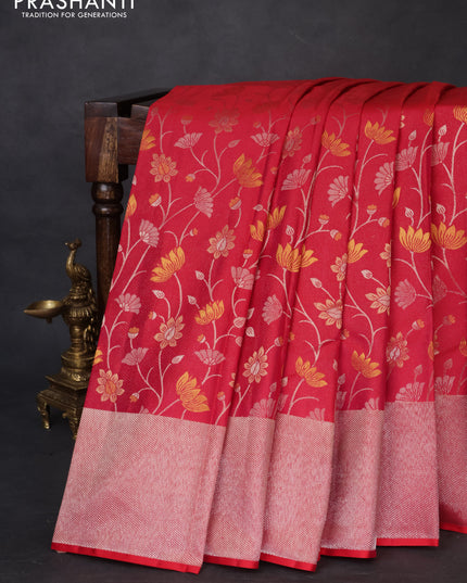 Pure kanchipuram silk saree reddish pink with floral motif zari weaves and silver zari woven border