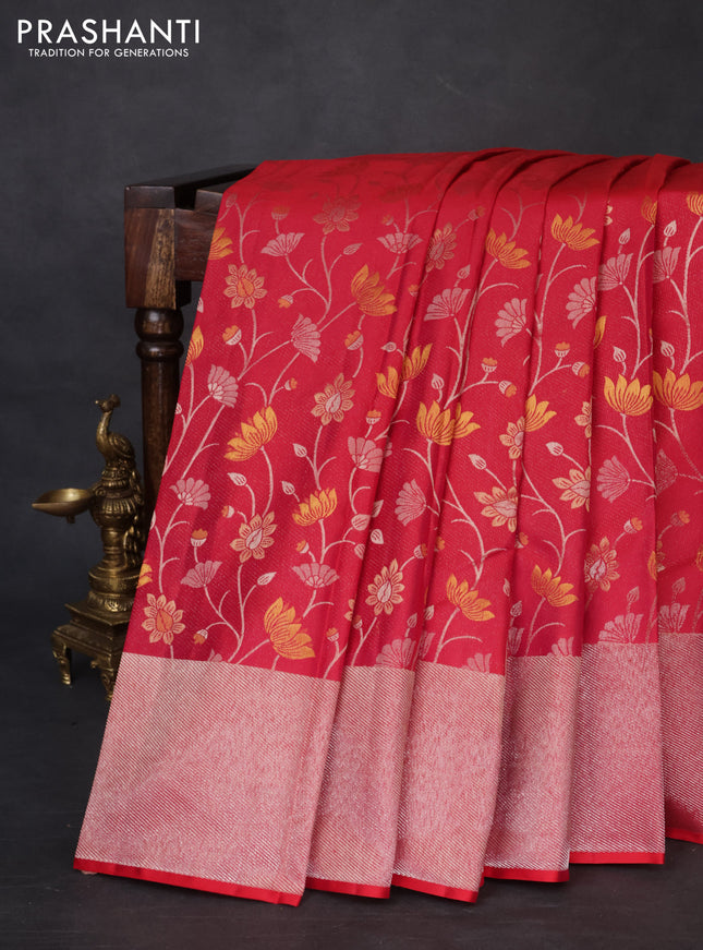 Pure kanchipuram silk saree reddish pink with floral motif zari weaves and silver zari woven border