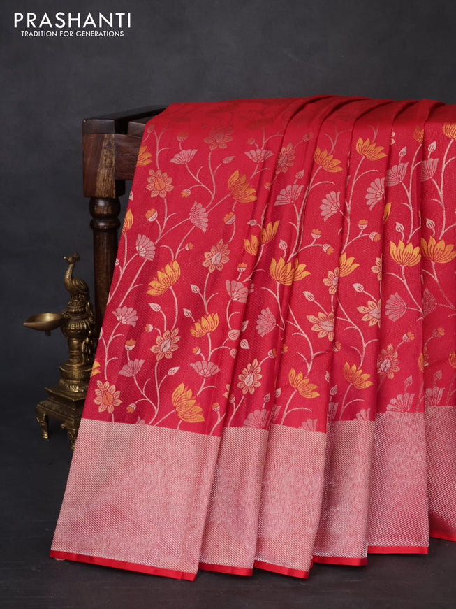 Pure kanchipuram silk saree reddish pink with floral motif zari weaves and silver zari woven border