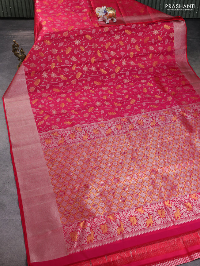 Pure kanchipuram silk saree reddish pink with floral motif zari weaves and silver zari woven border
