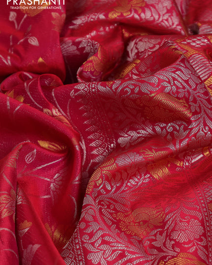 Pure kanchipuram silk saree reddish pink with floral motif zari weaves and silver zari woven border