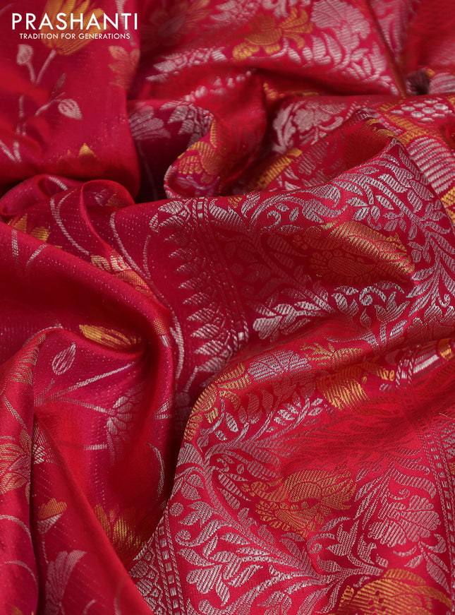 Pure kanchipuram silk saree reddish pink with floral motif zari weaves and silver zari woven border