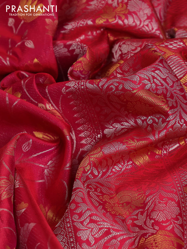 Pure kanchipuram silk saree reddish pink with floral motif zari weaves and silver zari woven border
