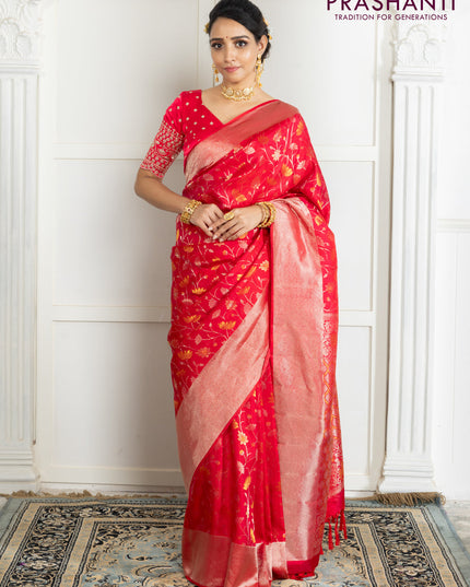 Pure kanchipuram silk saree reddish pink with floral motif zari weaves and silver zari woven border