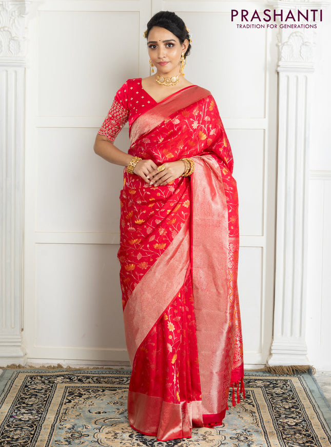 Pure kanchipuram silk saree reddish pink with floral motif zari weaves and silver zari woven border