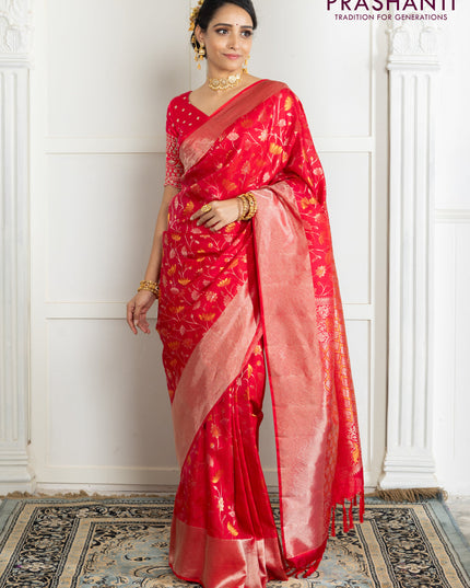 Pure kanchipuram silk saree reddish pink with floral motif zari weaves and silver zari woven border