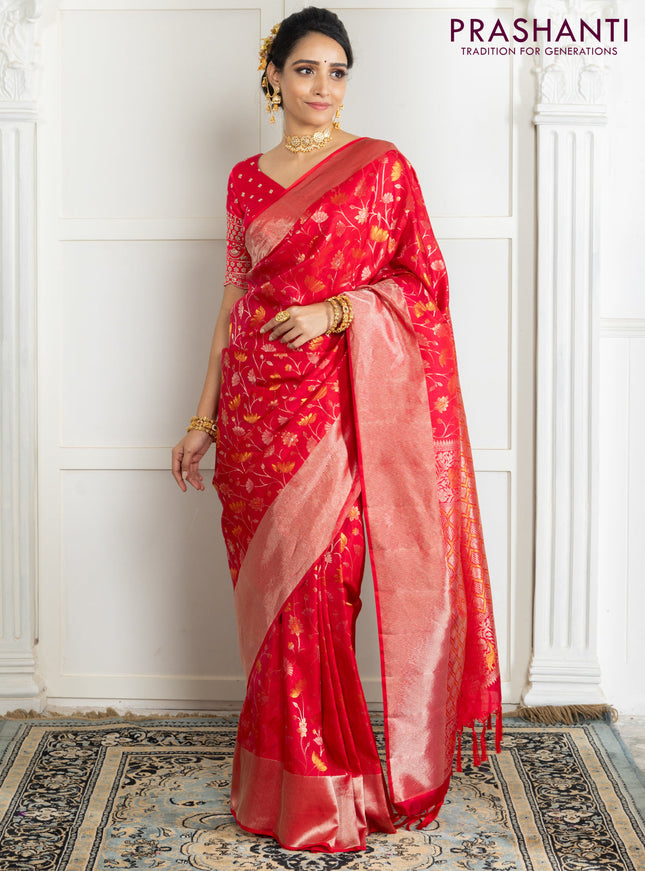 Pure kanchipuram silk saree reddish pink with floral motif zari weaves and silver zari woven border