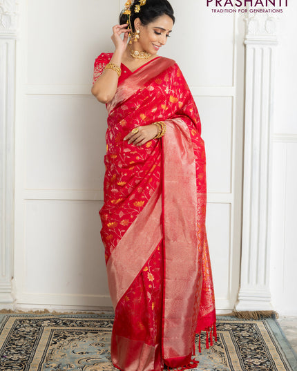 Pure kanchipuram silk saree reddish pink with floral motif zari weaves and silver zari woven border