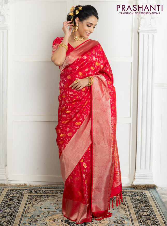 Pure kanchipuram silk saree reddish pink with floral motif zari weaves and silver zari woven border
