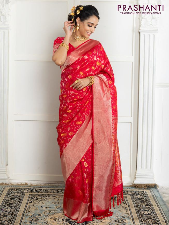 Pure kanchipuram silk saree reddish pink with floral motif zari weaves and silver zari woven border