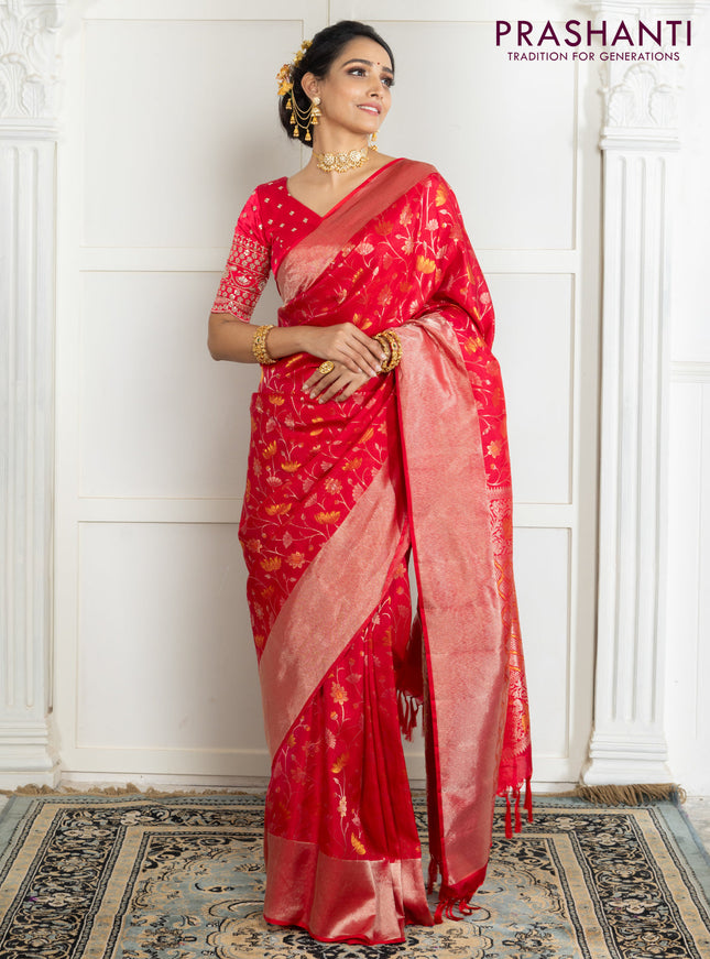 Pure kanchipuram silk saree reddish pink with floral motif zari weaves and silver zari woven border