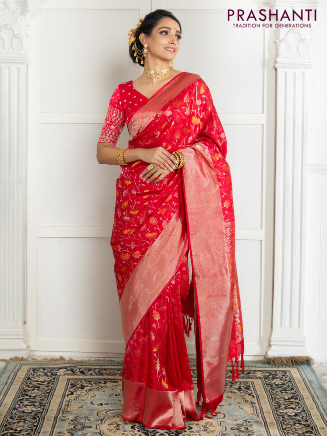 Pure kanchipuram silk saree reddish pink with floral motif zari weaves and silver zari woven border