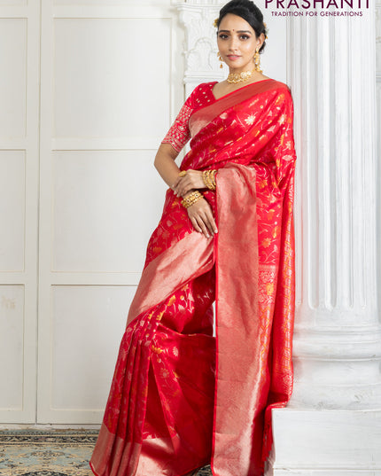 Pure kanchipuram silk saree reddish pink with floral motif zari weaves and silver zari woven border
