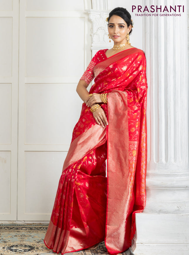 Pure kanchipuram silk saree reddish pink with floral motif zari weaves and silver zari woven border