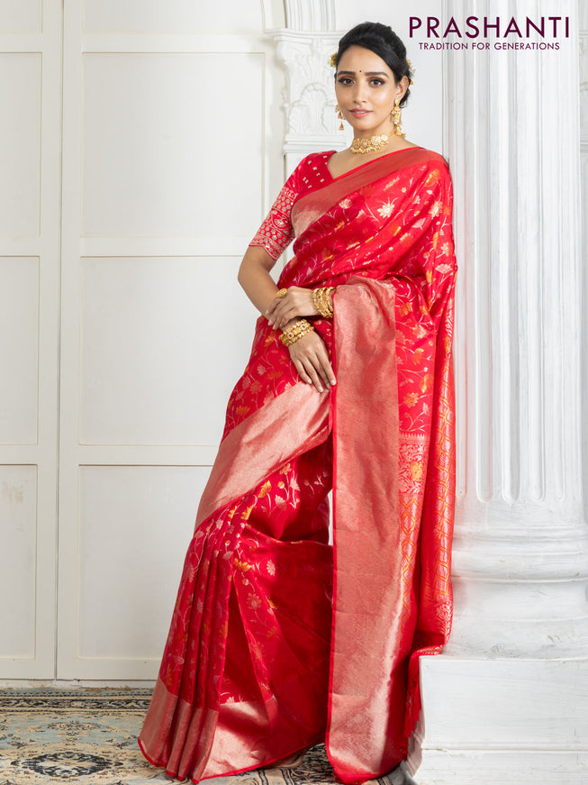 Pure kanchipuram silk saree reddish pink with floral motif zari weaves and silver zari woven border