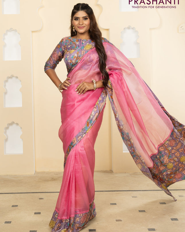 Pure organza silk saree pink and lavender with plain body and kalamkari printed pita work border