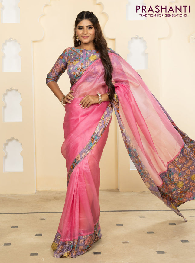 Pure organza silk saree pink and lavender with plain body and kalamkari printed pita work border