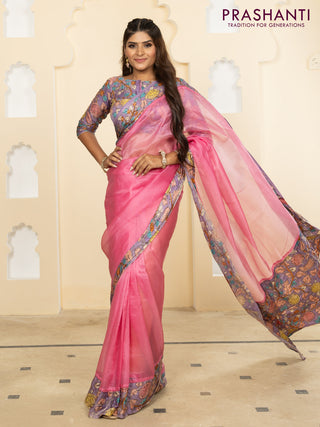 Pure organza silk saree pink and lavender with plain body and kalamkari printed pita work border