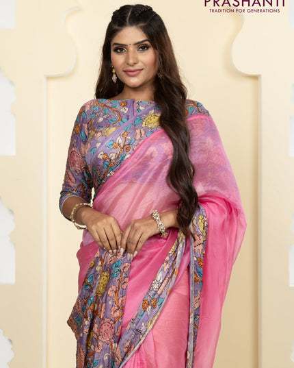 Pure organza silk saree pink and lavender with plain body and kalamkari printed pita work border