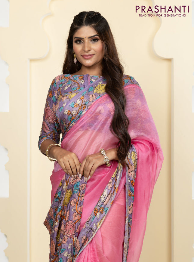 Pure organza silk saree pink and lavender with plain body and kalamkari printed pita work border