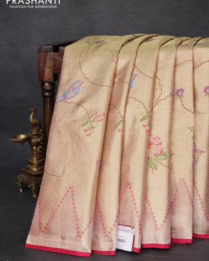 Pure kanchipuram tissue silk saree gold and pink with allover convent embroidery and temple design zari woven border