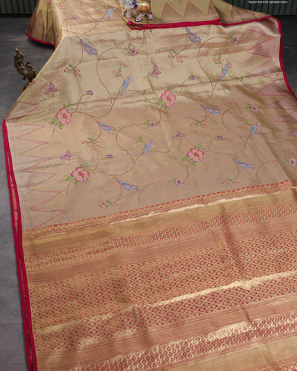 Pure kanchipuram tissue silk saree gold and pink with allover convent embroidery and temple design zari woven border