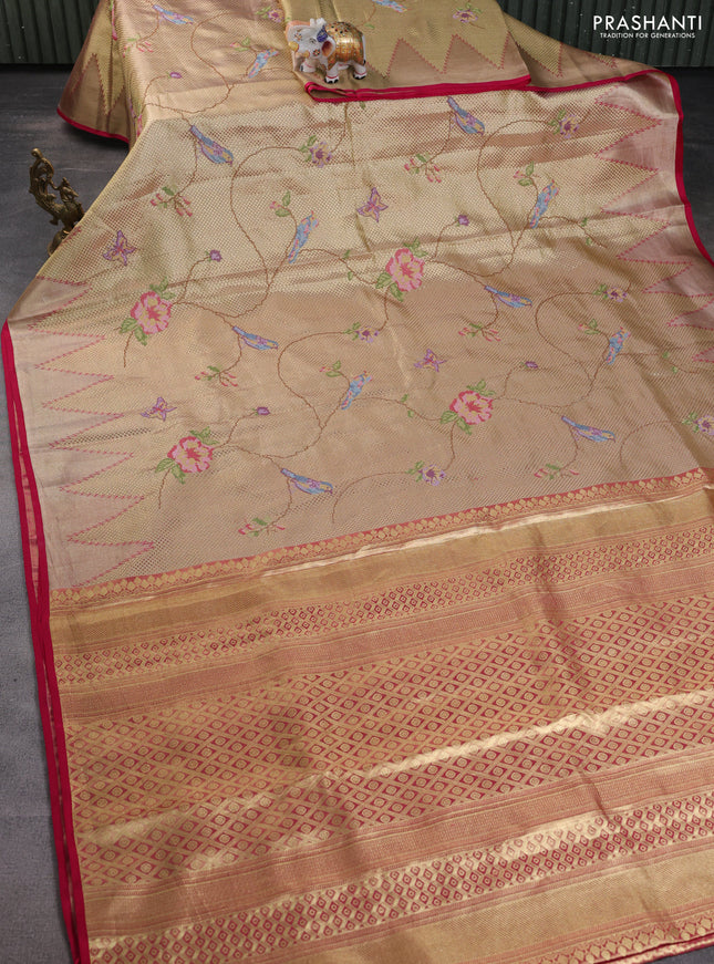 Pure kanchipuram tissue silk saree gold and pink with allover convent embroidery and temple design zari woven border
