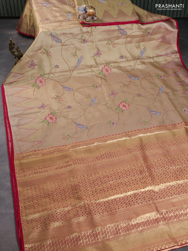 Pure kanchipuram tissue silk saree gold and pink with allover convent embroidery and temple design zari woven border