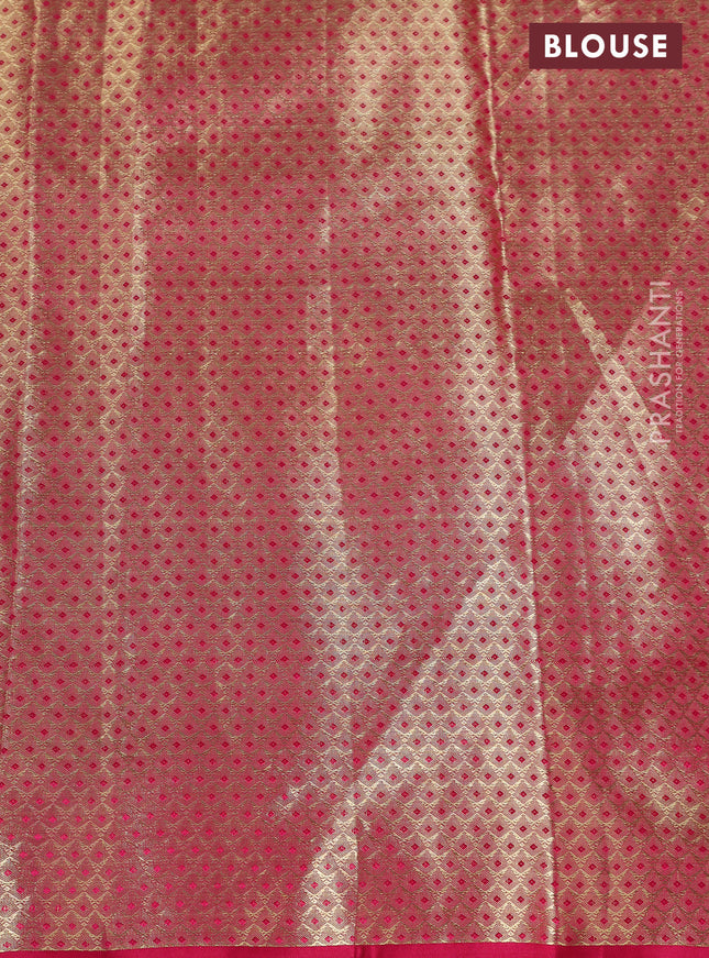 Pure kanchipuram tissue silk saree gold and pink with allover convent embroidery and temple design zari woven border