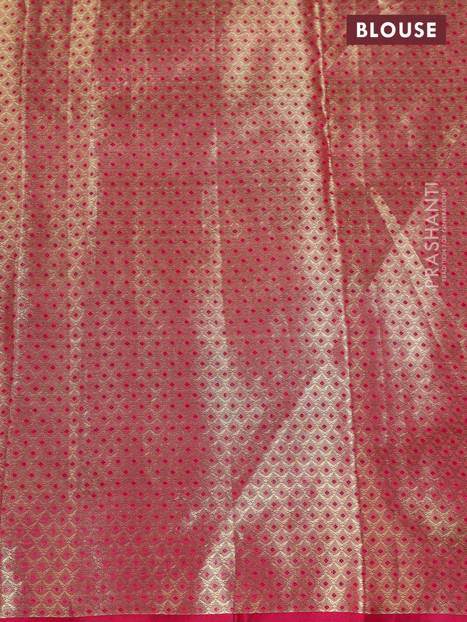 Pure kanchipuram tissue silk saree gold and pink with allover convent embroidery and temple design zari woven border