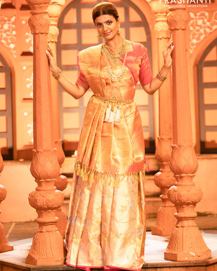 Pure kanchipuram tissue silk saree gold and pink with allover convent embroidery and temple design zari woven border