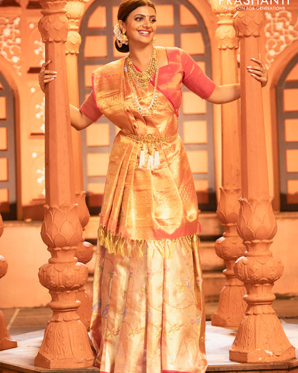 Pure kanchipuram tissue silk saree gold and pink with allover convent embroidery and temple design zari woven border
