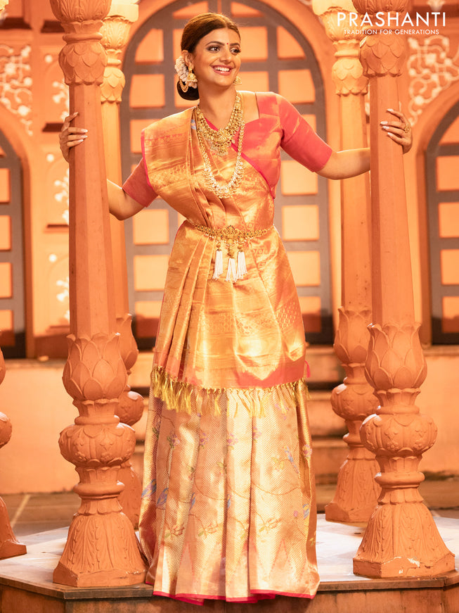 Pure kanchipuram tissue silk saree gold and pink with allover convent embroidery and temple design zari woven border