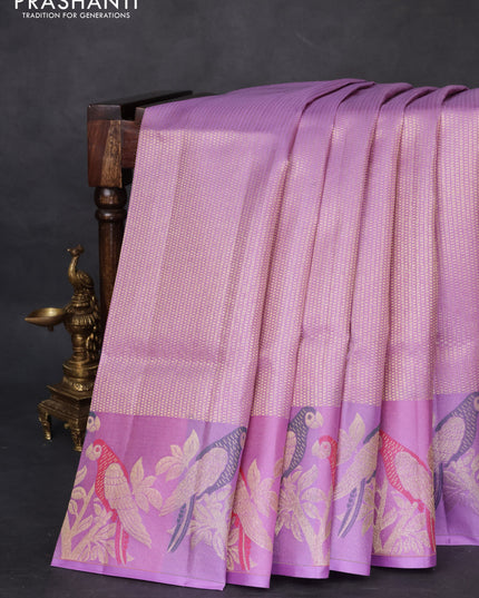 Pure kanchipuram silk saree lavender with allover zari woven brocade weaves and parrot design zari woven border