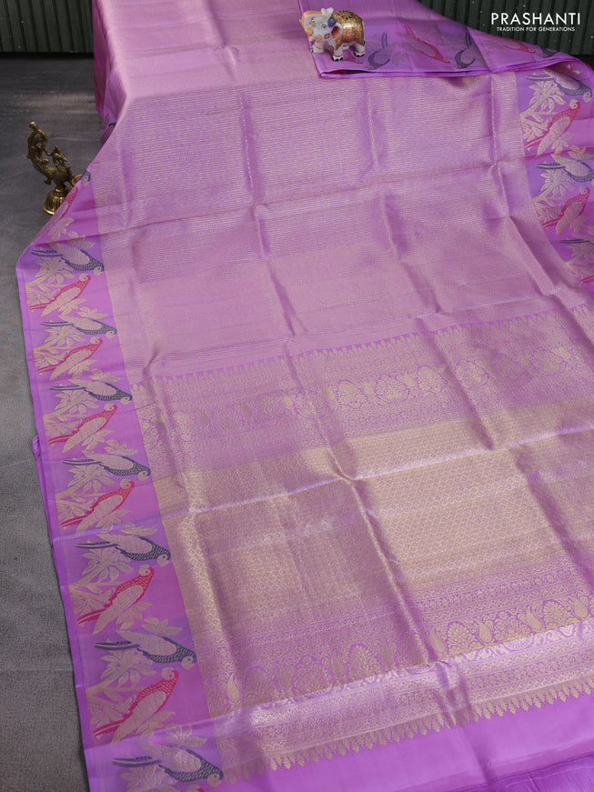 Pure kanchipuram silk saree lavender with allover zari woven brocade weaves and parrot design zari woven border
