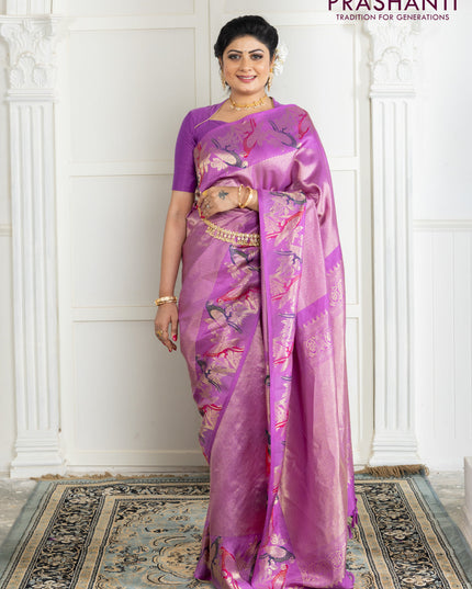 Pure kanchipuram silk saree lavender with allover zari woven brocade weaves and parrot design zari woven border