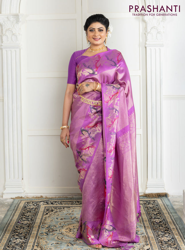 Pure kanchipuram silk saree lavender with allover zari woven brocade weaves and parrot design zari woven border
