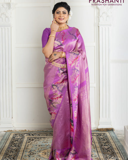 Pure kanchipuram silk saree lavender with allover zari woven brocade weaves and parrot design zari woven border
