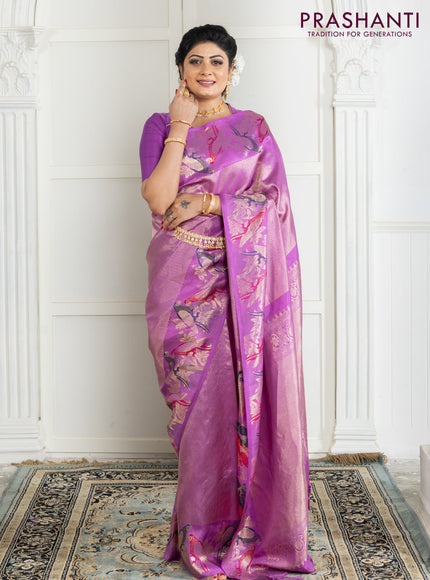 Pure kanchipuram silk saree lavender with allover zari woven brocade weaves and parrot design zari woven border