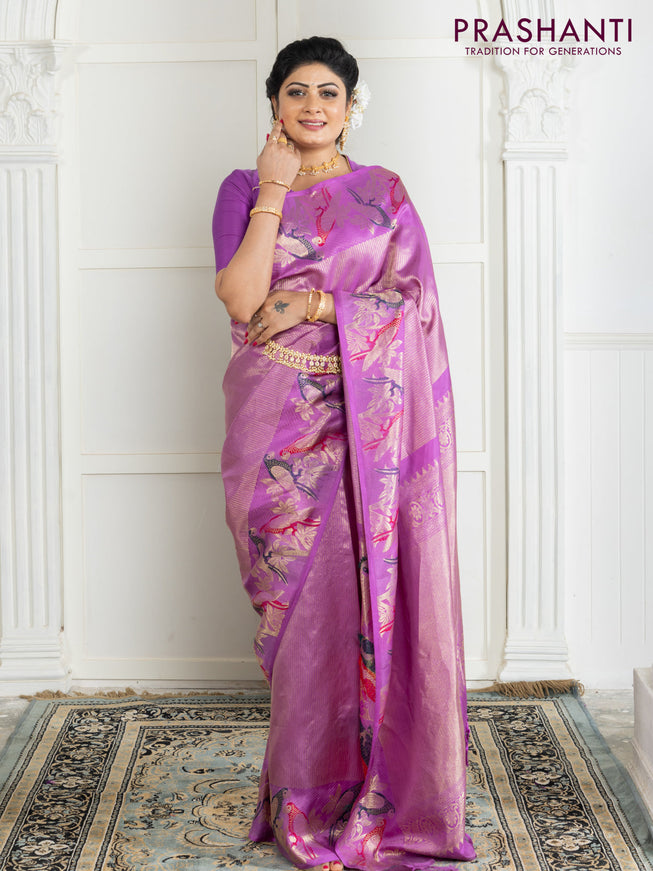 Pure kanchipuram silk saree lavender with allover zari woven brocade weaves and parrot design zari woven border