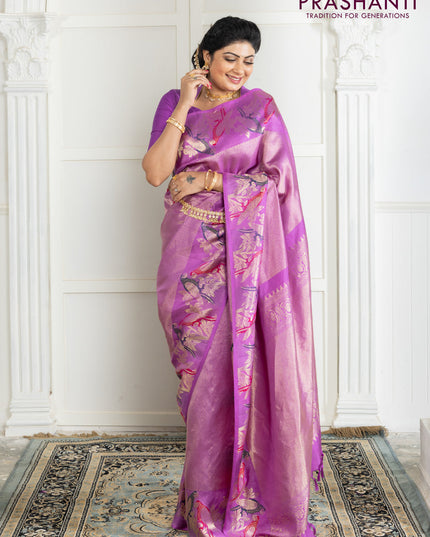 Pure kanchipuram silk saree lavender with allover zari woven brocade weaves and parrot design zari woven border