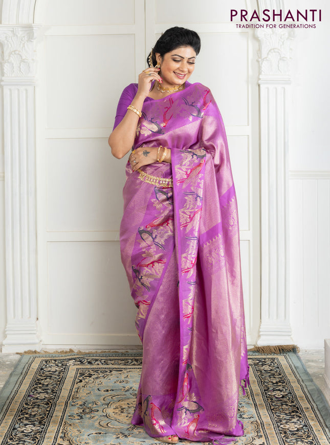 Pure kanchipuram silk saree lavender with allover zari woven brocade weaves and parrot design zari woven border